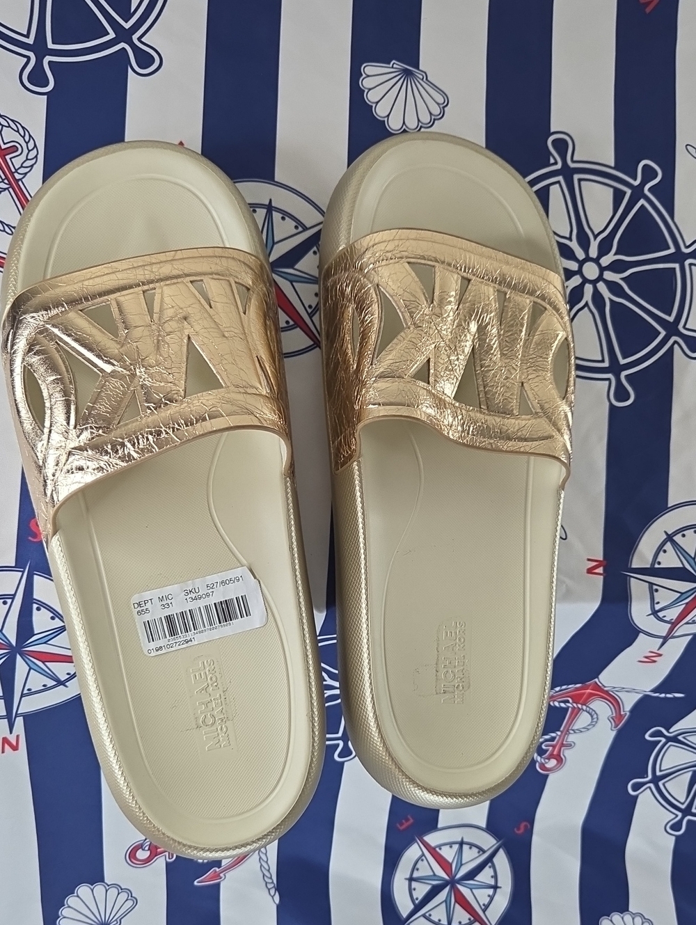 Michael Kors SZ10 Metallic Gold MK Logo Leather Slide Sandals NWT$89